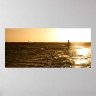 Surfer at Sunset - Oahu, Hawaii Poster