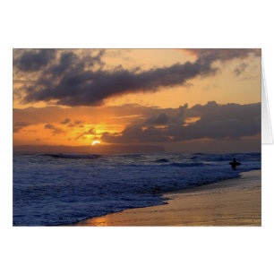 Surfer At Sunset On Kauai Beach, Niihau on Horizon