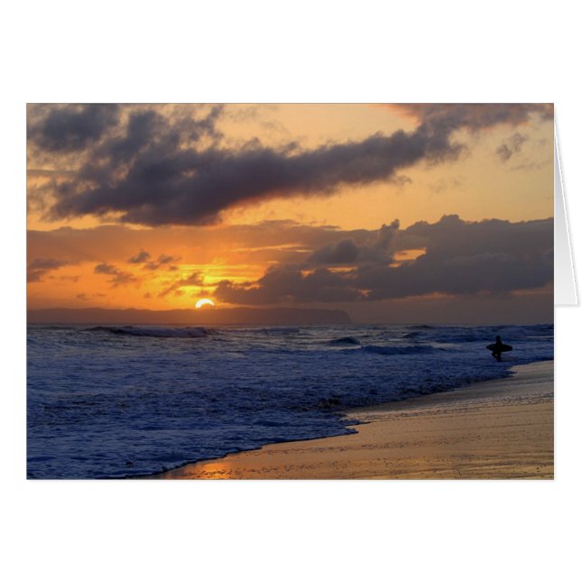 Surfer At Sunset On Kauai Beach, Niihau on Horizon (Front Horizontal)