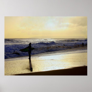 Surfer at Sunset on Kauai Beach, Niihau on Horizon Poster