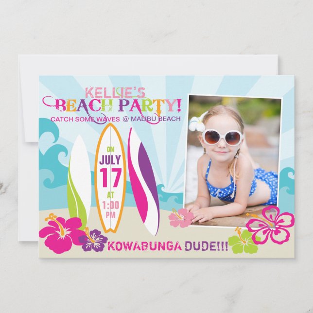 Surfer Babe and Surf Boards Beach Birthday 2 Invitation (Front)