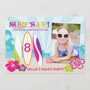 Surfer Babe and Surf Boards Beach Birthday Invitation
