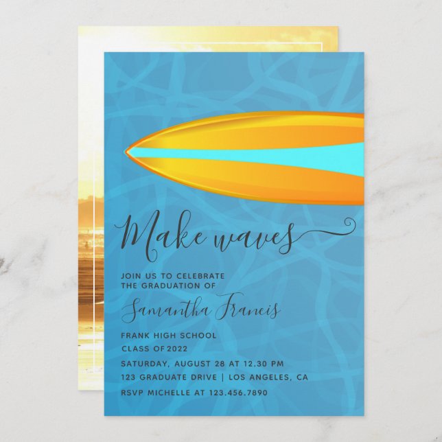 Surfer Beach themed Graduate Party Photo Invitation (Front/Back)