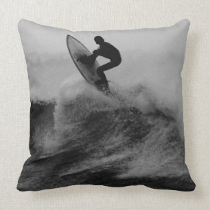 Surfer Big Wave Black and White Cushion