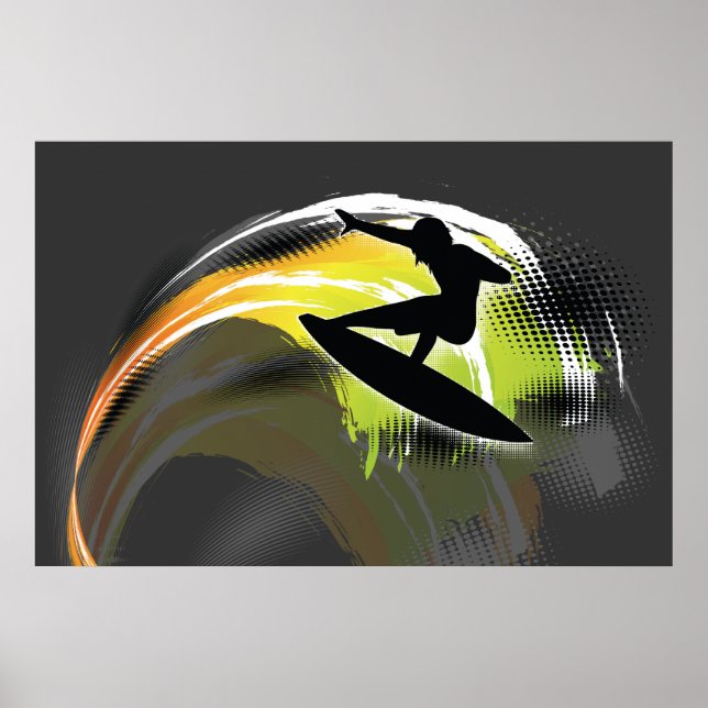 Surfer black figure & colourful wave on grey poste poster (Front)