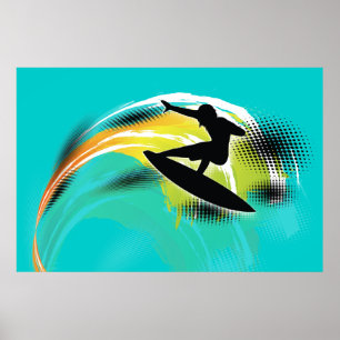 Surfer black figure & colourful wave on turquoise poster