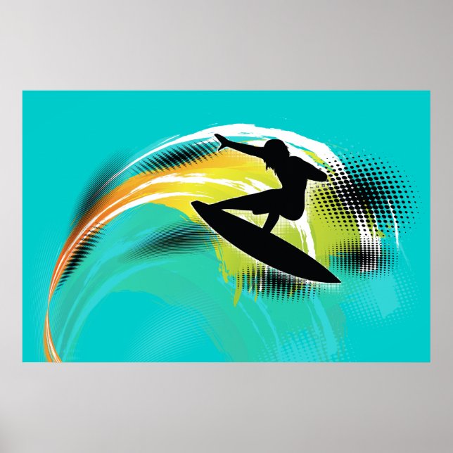 Surfer black figure & colourful wave on turquoise poster (Front)