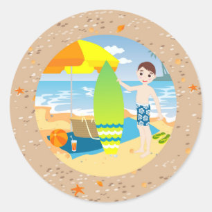 Surfer boy beach birthday party classic round sticker