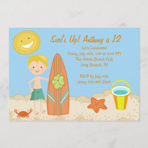 Surfer Boy Beach Party Birthday Invitation