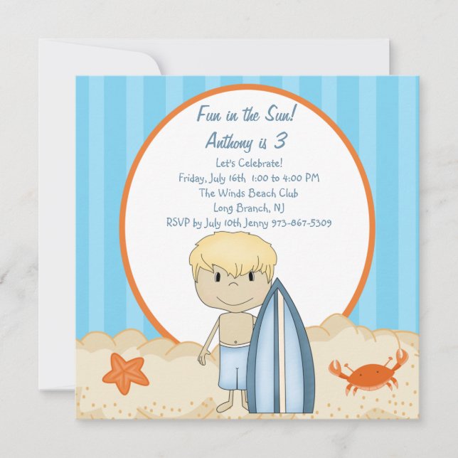 Surfer Boy On The Beach Birthday Invitation (Front)