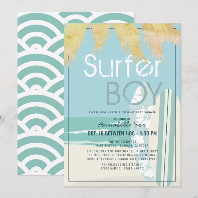 Surfer Boy Surfboards Beach Drive-by  Baby Shower Invitation (Front/Back)
