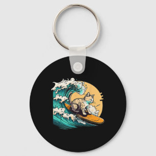Surfer Cat, Cat On Surfboard, Cat Riding Wave, Fun Key Ring