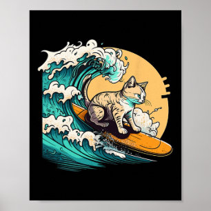 Surfer Cat, Cat On Surfboard, Cat Riding Wave, Fun Poster