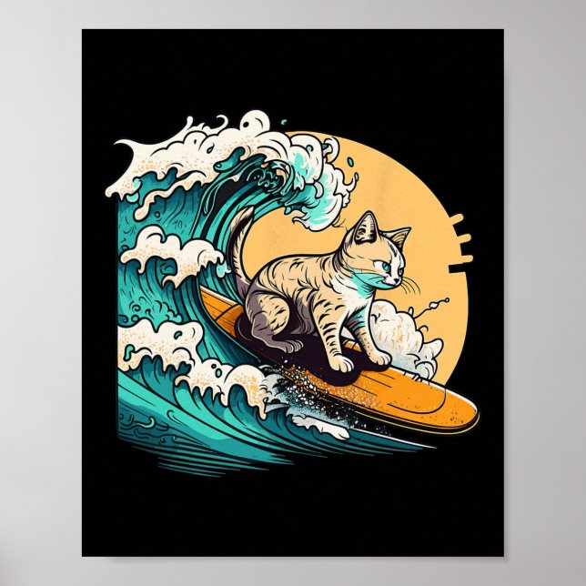 Surfer Cat, Cat On Surfboard, Cat Riding Wave, Fun Poster (Front)
