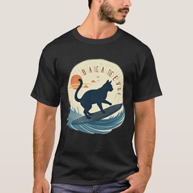 Surfer Cat Silhouette Abstract Retro Beach Waves T-Shirt (Front)