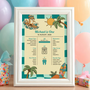 Surfer Cat Summer 1st Birthday Milestone Timeline  Poster