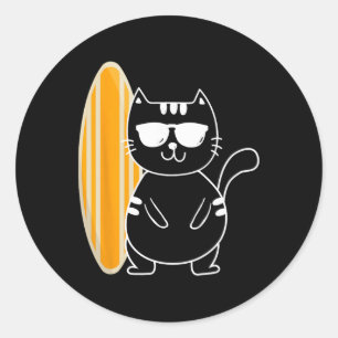 Surfer Cat - Surfing Surfboard Beach Ocean Waves S Classic Round Sticker