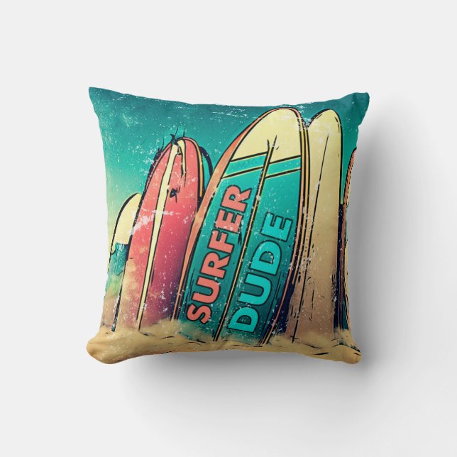 Surfer Dude Surfboards Throw Pillow (Front)