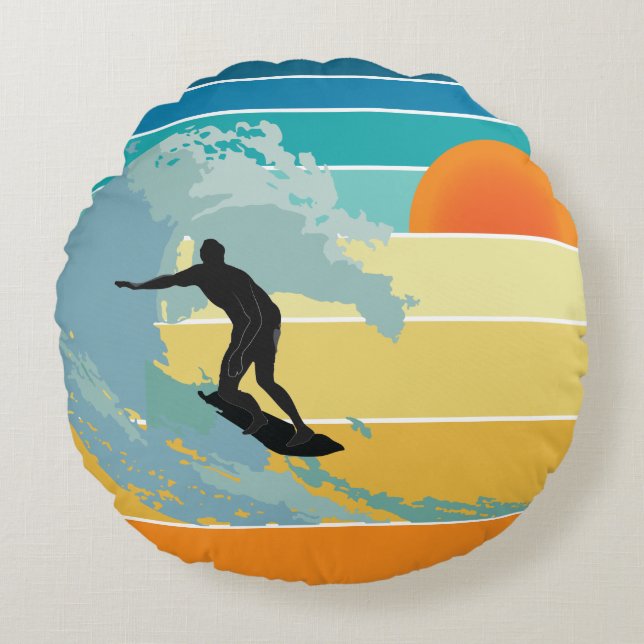 Surfer Dude Vintage Sunset Round Cushion (Front)
