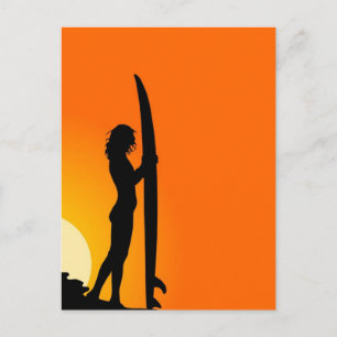 Surfer girl at sunset postcard