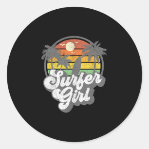 Surfer Girl Beach Retro 70s Vintage Surfing Vacati Classic Round Sticker