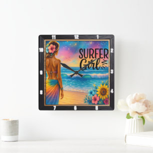 Surfer Girl Beach Sunset Square Wall Clock