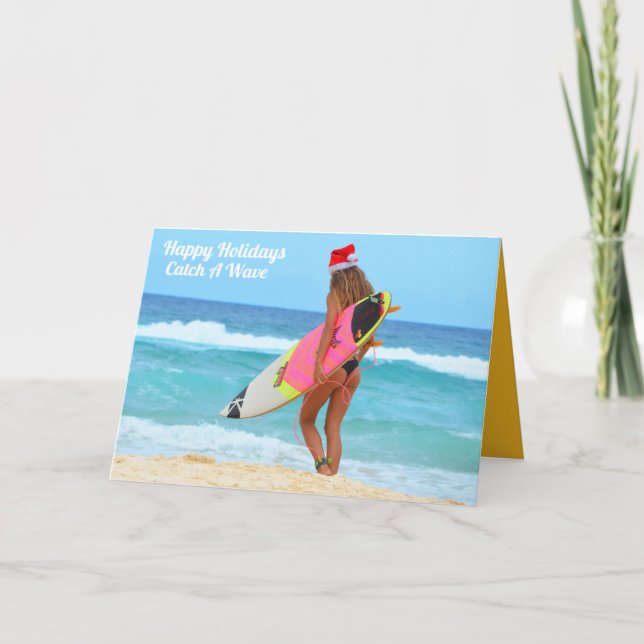 Surfer Girl Happy Holidays Greeting Card (Front)
