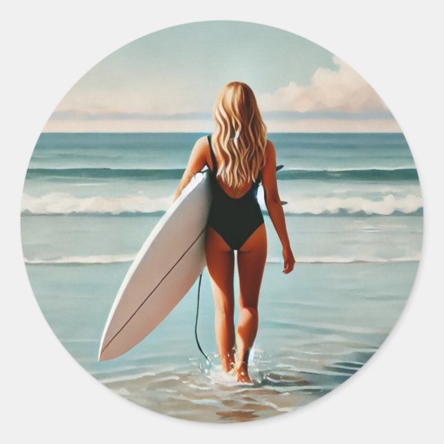 Surfer Girl Hossegor France Classic Round Sticker (Front)