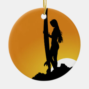 Surfer girl Silhouette Ceramic Ornament