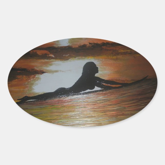 Surfer girl silhouette oval sticker (Front)