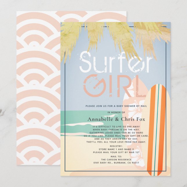 Surfer Girl Surfboards Beach Baby Shower by Mail Invitation (Front/Back)