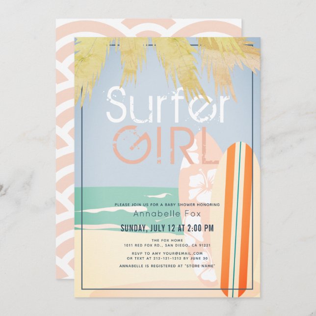 Surfer Girl Surfboards Beach Baby Shower Invitation (Front/Back)