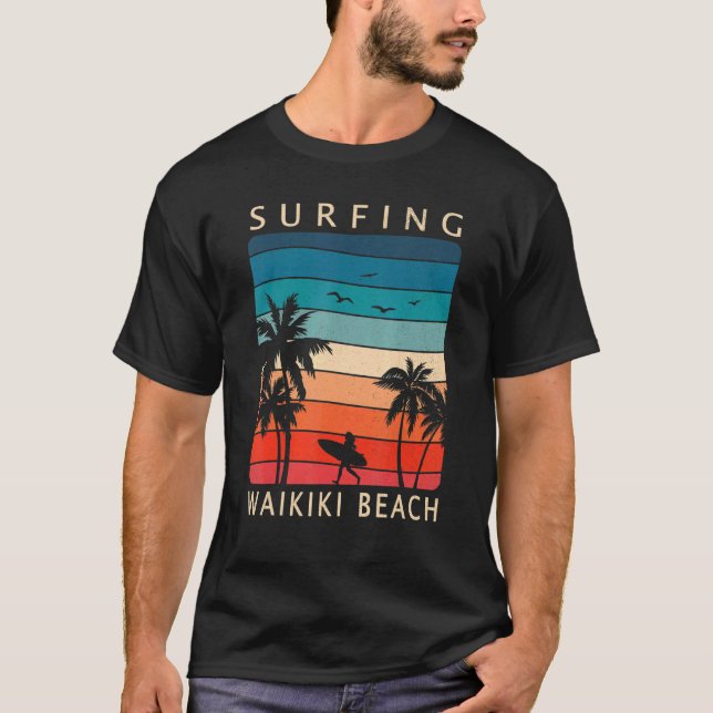Surfer Girl Surfing Waikiki Beach Hawaiian Sunset  T-Shirt (Front)