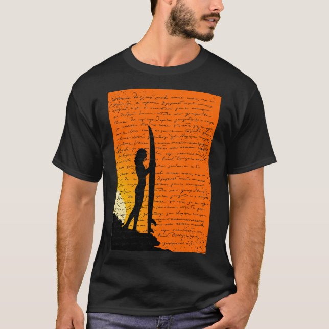 Surfer Girl waiting for waves at sunset T-Shirt (Front)
