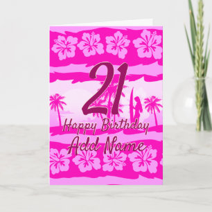Surfer girl with palm trees card