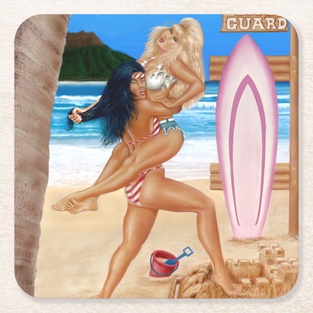 SURFER GIRLS CATFIGHT SQUARE PAPER COASTER (Front)