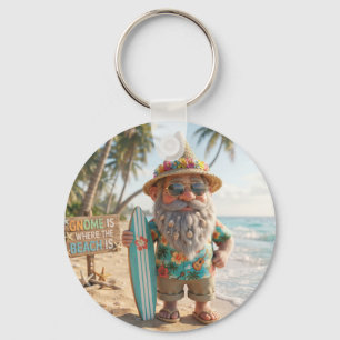 Surfer Gnome on Tropical Beach with Surfboard Key Ring