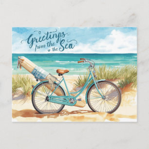 Surfer Greeting from the sea with board and bike Holiday Postcard