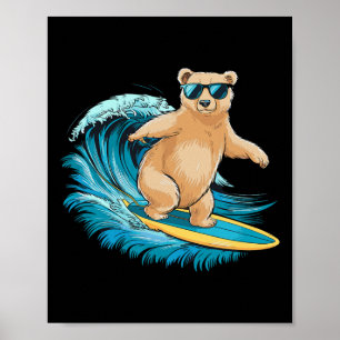Surfer Grizzly Bear Beach Summer Surfboard Surfing Poster