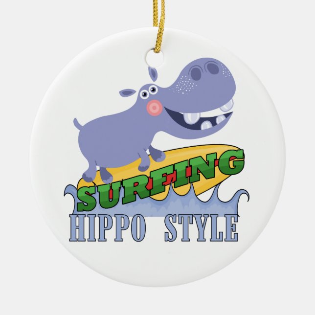 Surfer Hippopotamus Ceramic Tree Decoration (Front)