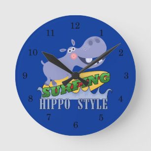 Surfer Hippopotamus Round Clock