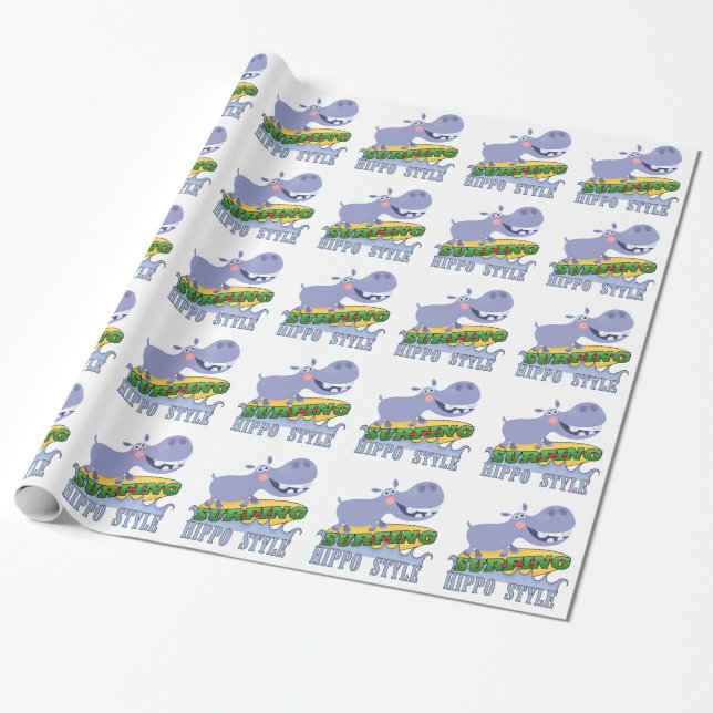 Surfer Hippopotamus Wrapping Paper (Unrolled)
