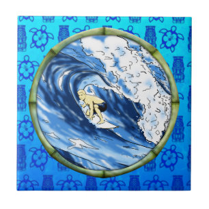 Surfer In Bamboo Circle Ceramic Tile