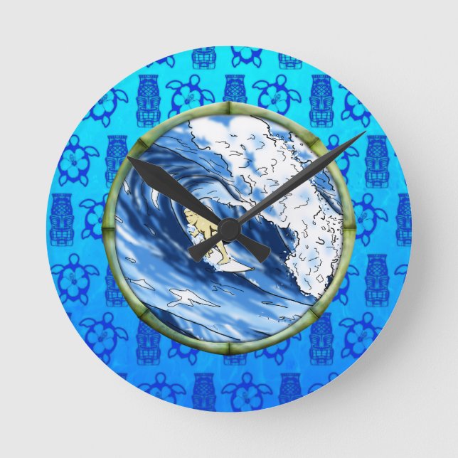 Surfer In Bamboo Circle Round Clock (Front)