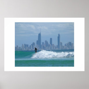 Surfer in front of the Skyscrapers Poster