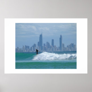 Surfer in front of the Skyscrapers Poster