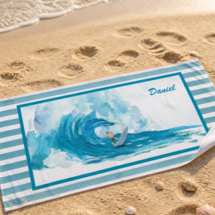 Surfer on a Big Wave Personalised Beach Towel