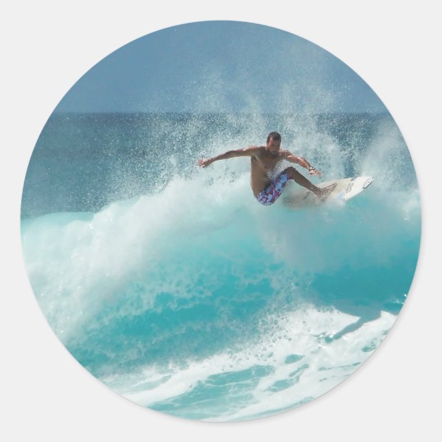 Surfer on a big wave round sticker (Front)