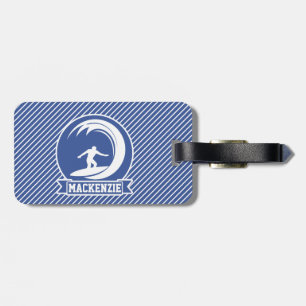 Surfer on Blue & White Stripes Luggage Tag