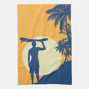 Surfer, palm tree, cliff, sun, surfer, kitchen tea towel
